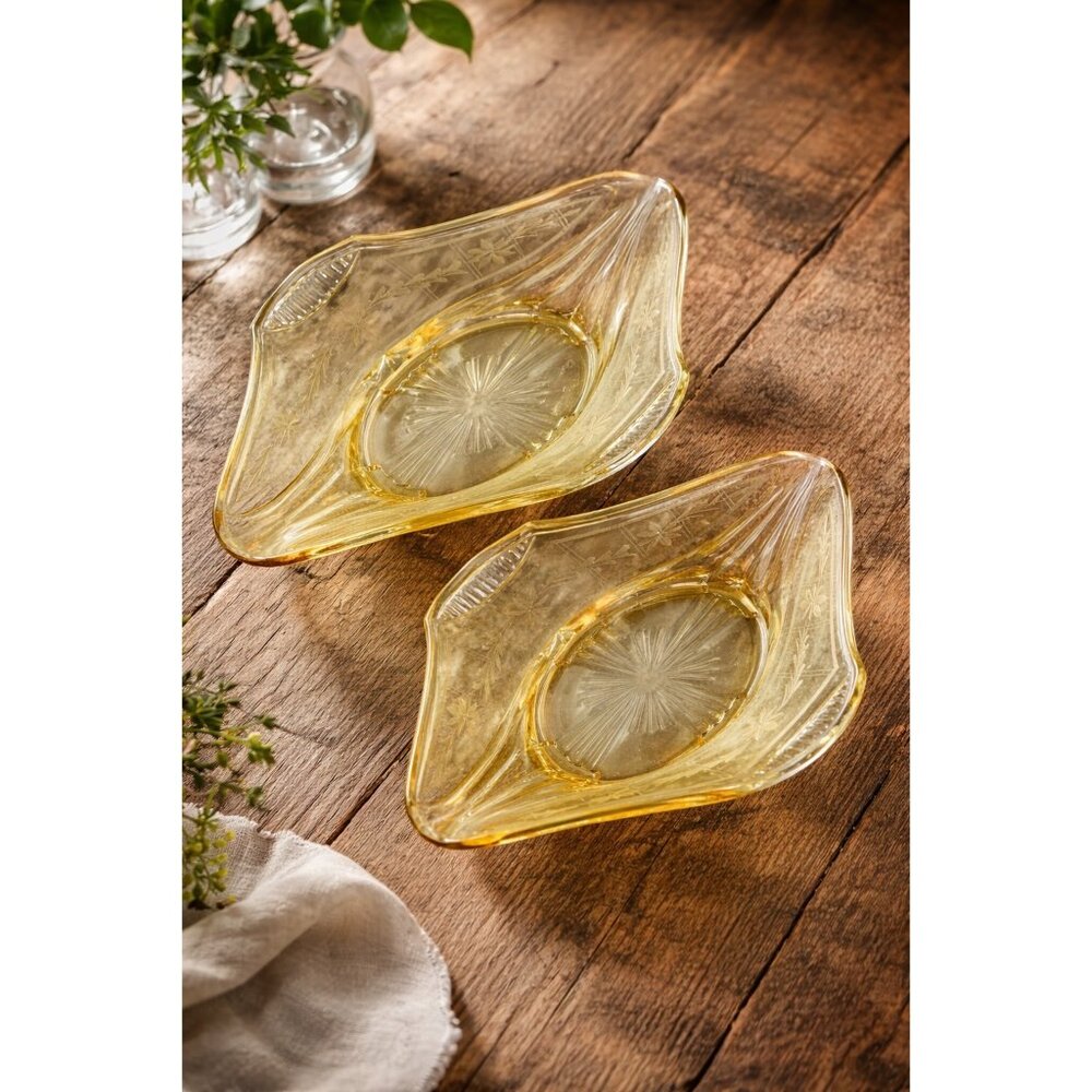 Lot of 2 Vintage Depression Yellow Glass Serving Bowls Matched Set